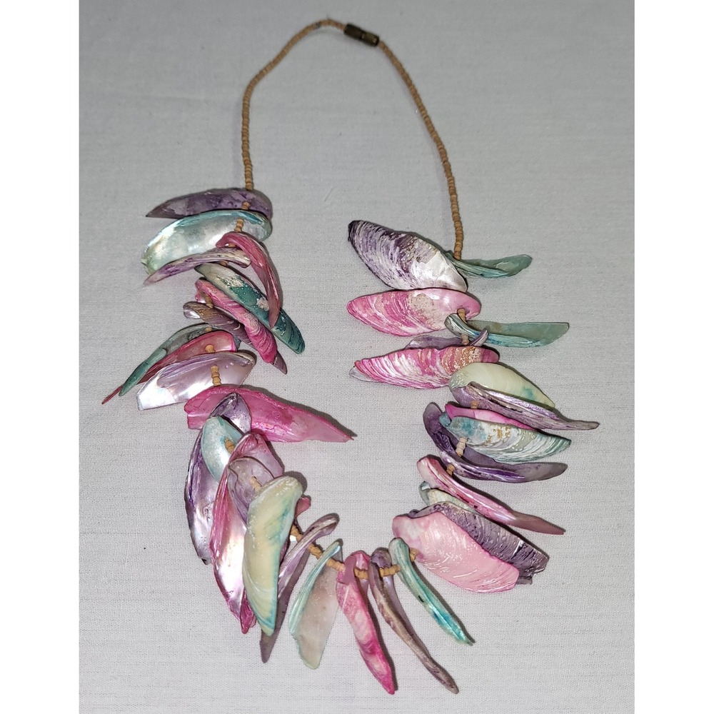 Shell Statement Necklace Women Pink Purple Teal Iridescent Boho Tropical Mermaid